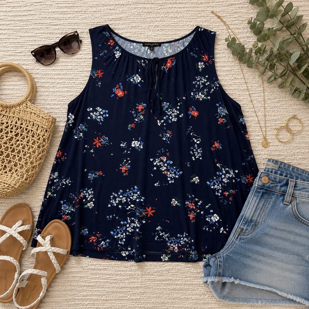 Banana Republic Floral Tank Top XL Navy Blue Sleeveless Flowy Boho Summer Blouse